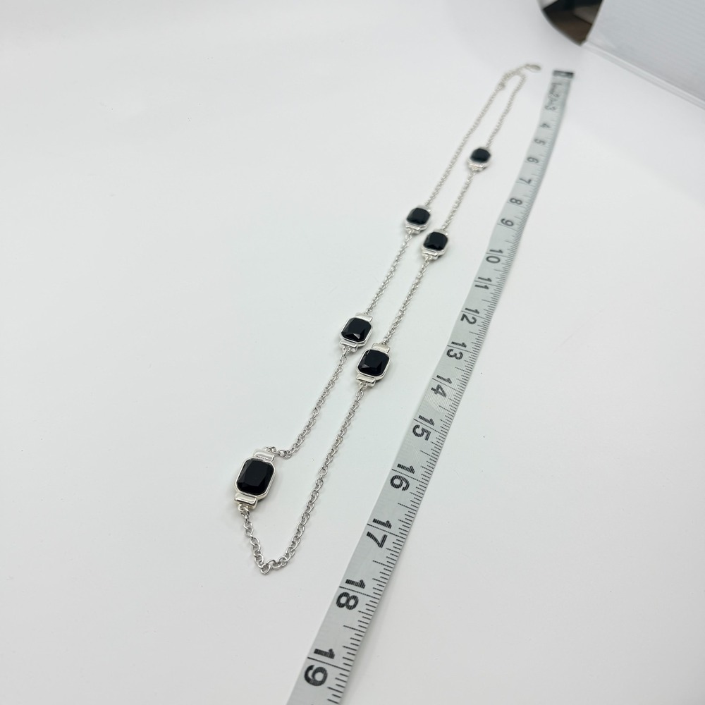 Vintage Silver Tone Station Necklace with Black Rectangular Stones - Picture 10 of 11